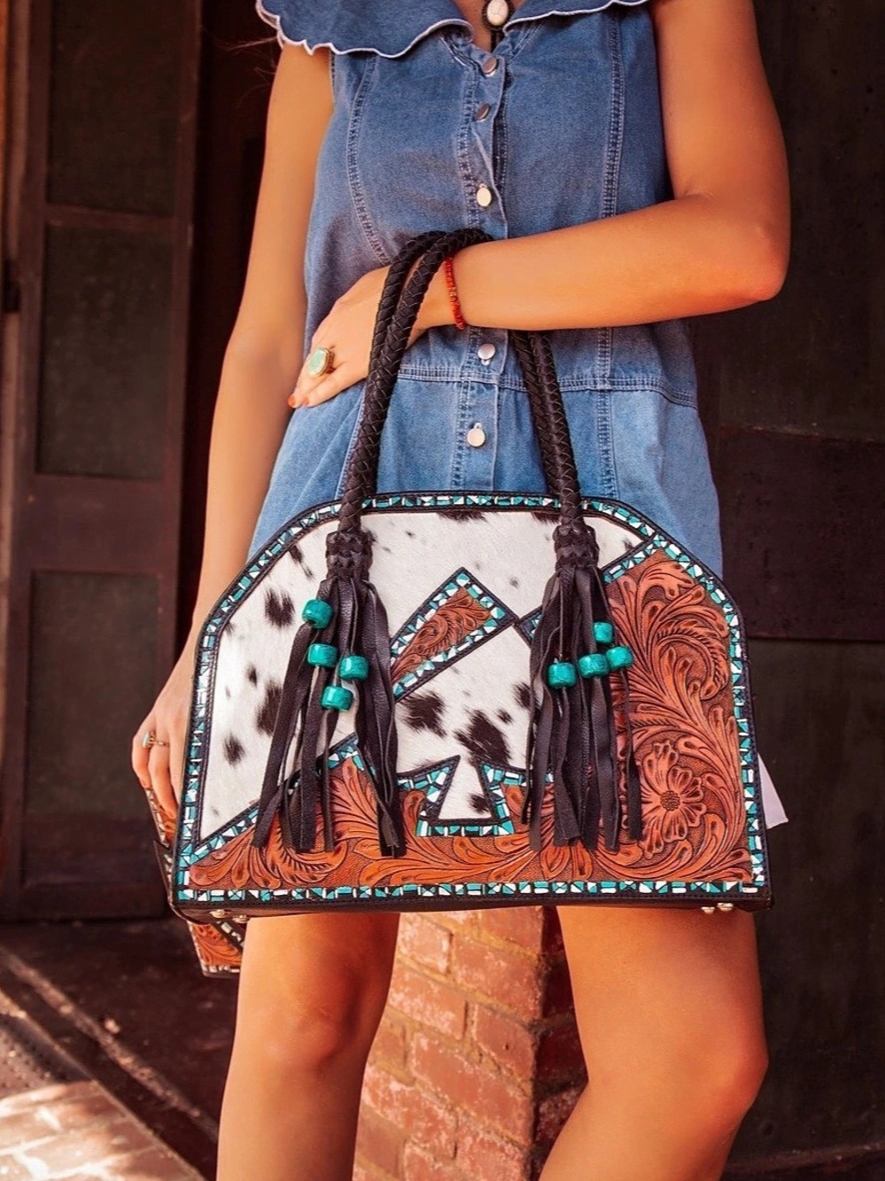Vegas Spade Cowhide Tooled Leather Western Tote Large Bag Western Purse and Wall
